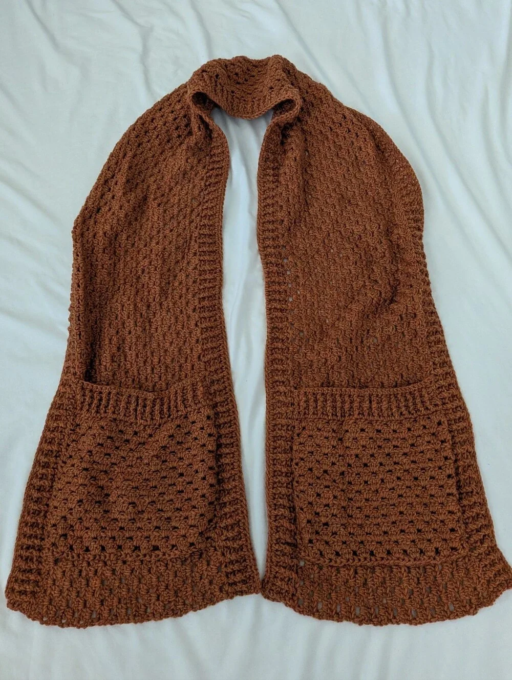 Handmade Boho Amber Orange Brown Crochet Wrap Shawl Scarf w/ Pockets